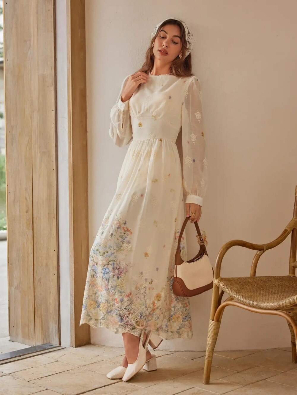 Cottagecore Cream Floral Embroidered Lace Long-Sleeve Maxi Dress - Picture 2 of 11